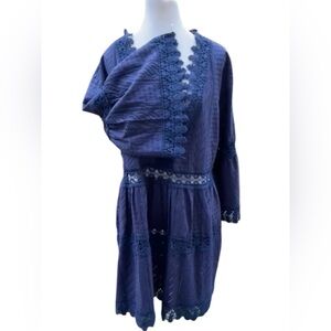 Melissa Odabash Blue Crochet Lace Boho Tunic Dress L Resort Caftan Cover Up